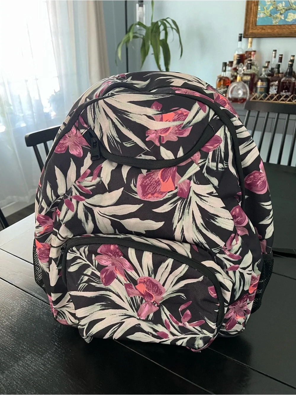 Roxy Black Backpack with Pink Floral Print